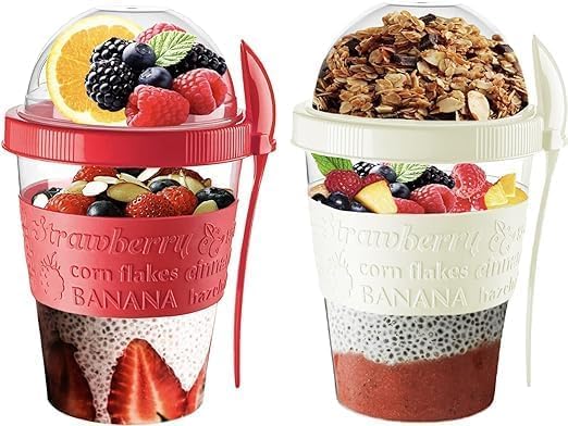 Pro Home Yoghurt Pots With Lid & Spoon Airtight Dishwasher Safe BPA Free Leak-Proof Muesli Cereal Cups Overnight Oats Jar Storage On The Go Yogurt Container (Red & Cream)