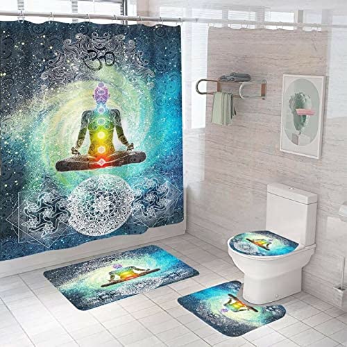 4-teiliges Duschvorhang-Set -- Lord Buddha -- mit rutschfestem Teppich, Toilettendeckelabdeckung...