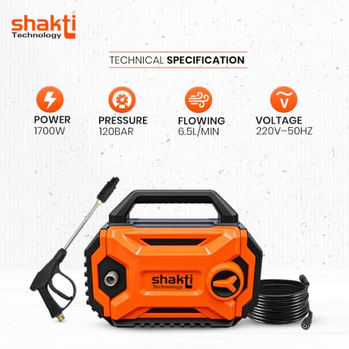 Image of [Upgraded 2026] Shakti Technology S1 Pressure Washer - 1700W, 100% Copper-Winding Motor, 120 Bar High Pressure, 8-Meter Hose Pipe for Car, Bike, Solar Panel, Home & Garden Cleaning
