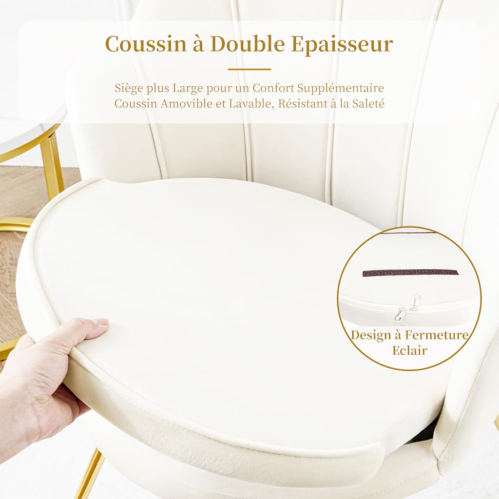 Hellove Chaise Coiffeuse, Chaise Coquillage Velours avec Pieds en Métal l'or, Fauteuil Salon Confortable, Fauteuil Lecture, Chair pour Salon, Chambre, Tabouret Coiffeuse, Beige