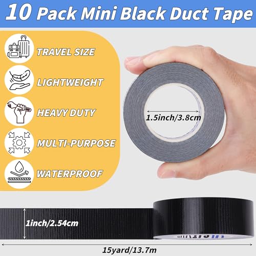Image of 10 Pack Mini Black Duct Tape, 1 inch X 150 Yards Travel Size Duct Tape, Pocket Size Heavy Duty Waterproof No Residue Tear by Hand, Multi-Use for Indoor & Outdoor Repairs, travel camping DIY projects