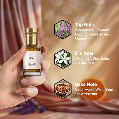 Image of Arabian Aroma Kaaf Attar | Lavender & Watermelon Ittar with Sicilian Orange Notes | Oil-Based Jasmin Ittar | Itra Perfume for Men & Women | No Alcohol 100% Perfume (6ml)