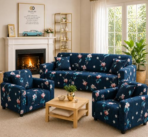 Image of Digital Print Sofa Cover Fully Covered 5 Seater Sofa Cover Non-Slip Sticky Elastic Stretchable Sofa Set Slipcover, 5 Seater (3+1+1) (Blue Flower)