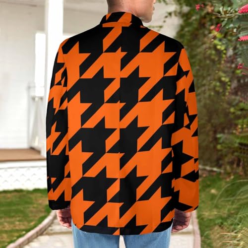 Blazer for Men Black and Orange Houndstooth Men's Long-Sleeve Classic-Fit Button-Front Stretch Blazer3
