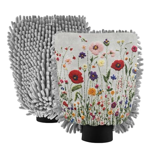 Flradish 2 Pack Wildflowers Car Wash Mitt Chenille Microfiber Lint-Free Scratch Free Ultra-Soft Absorbent Car Wash Mitt 10.2x7.09 Inch