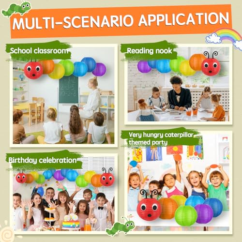 Image of LYART 7 Pcs Hungry Caterpillar Paper Lanterns Decoration for School Classroom Birthday Party and Caterpillar Theme Party Ceiling Hanging Decor, with Eyes Mouth Feelers Glue Point (7Pcs Rainbow)