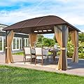 YOLENY 10' x 13' Hardtop Gazebo with Galvanized Steel Roof, Arc Roof Gazebo with Aluminum Frame, Outdoor Gazebo with Curtain&Netting, Sunshade for Gardens, Lawns, Deck