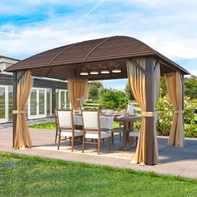 YOLENY 10' x 13' Hardtop Gazebo with Galvanized Steel Roof, Arc Roof Gazebo with Aluminum Frame, Outdoor Gazebo with Curtain&Netting, Sunshade for Gardens, Lawns, Deck