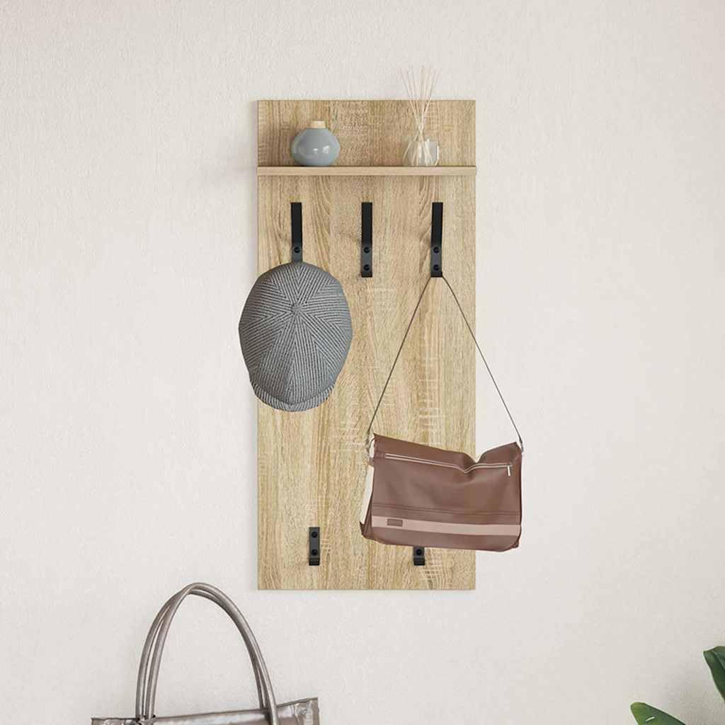 Perchero de pared de roble Sonoma 90 x 40 x 10 cm diseño moderno con 3 estantes y ganchos robustos para pasillo, salón y baño