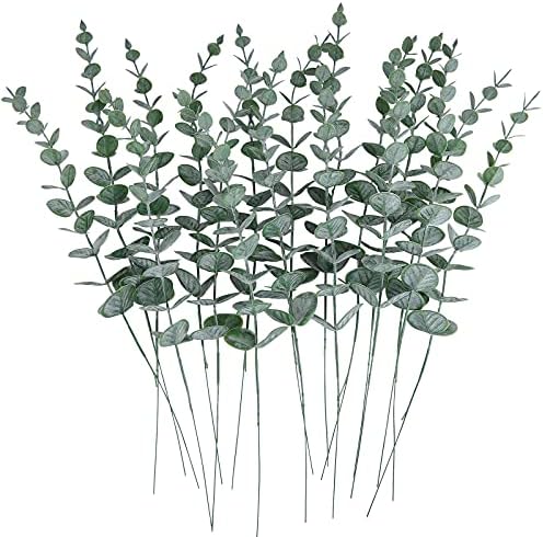CEWOR 24pcs Eucalyptus Stems Decor Artificial Eucalyptus Leaves Faux Greenery Branches for Wedding Centerpiece Flower Floral Arrangement Farmhouse Home Decoration