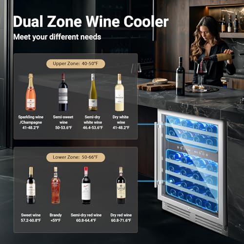 BODEGA 24 Inch Wine Fridge Dual Zone, 46 Bottle, Built-In or Under Counter Freestanding Wine Cooler Refrigerator With Stainless Steel Handle, Wine Cooler With Lock, Energy Efficient,For Home, Kitchen on Fridge.com