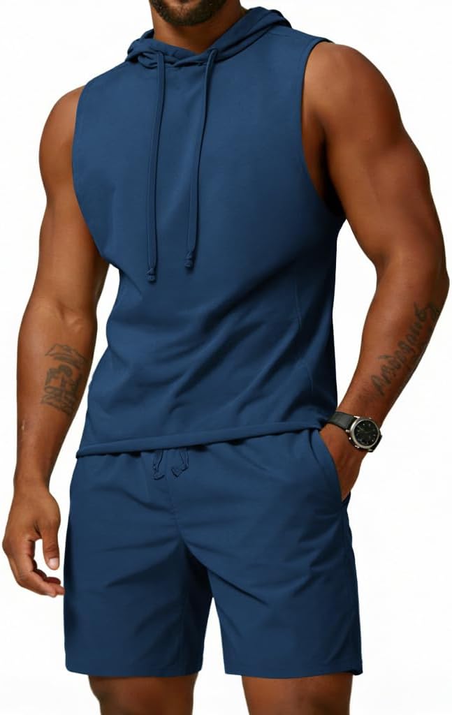 Lexiart Men's Short Sleeve Tracksuit Fashion Summer 2 Piece Outfits Hooded Tank Tops Workout Tracksuit Set