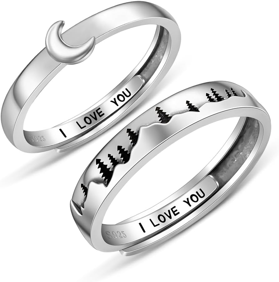 Matching Promise Rings for Couples Rings Sterling Silver Adjustable for Him and Her Set Jewelry Gifts Size 7 and Size 10