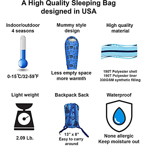 Anj Outdoors 100201P 32F-59F Youth And Kids Sleeping Bag | Indoor/Outdoor Boys And Girls Sleeping Bag | Mummy Style thumb #1