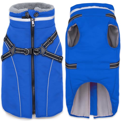 Fragralley Dog Coat with Harness Built in, Waterproof Windproof Reflective Warm Puffer Jacket, Fleece Lined Vest Winter Parka for Small, Medium, Large Dogs​