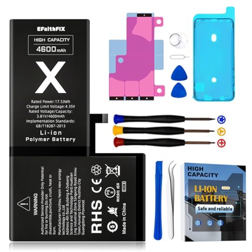 EFAITHFIX 4600mAh Upgraded Replacement Battery Compatible with iPhone X High Capacity New 0 Cycle A+ Battery Replacement for iPhone 10 for Model A1865 A1901 A1902 with Complete Repair Tools Kit