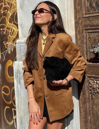 Flygo Womens Faux Suede Blazer Jacket Vintage Long Sleeve Button Down Casual Blazer Business Work Outfits2