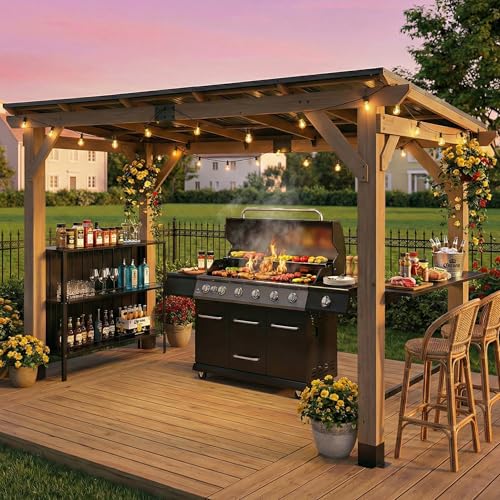 CHARMELEON Grill Gazebo 6 x 12 FT with Storage Cabinet & Bar Counter,Cedar Wood BBQ Gazebo,Permanent Patio Pavilion with Galvanized Steel Roof for Outdoor,Backyard,Garden,Deck-Gray Wood