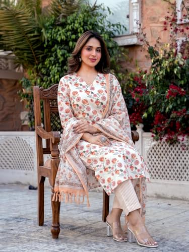 Image of GoSriKi Kurta Sets for Women Cotton Blend Printed | Kurti Set for Woman | Kurta Pant Dupatta Set | 3 Piece Set Women | Straight Kurti | V Neck Full Sleeve Suit Set Stylish Ethnic Outfit Clothing