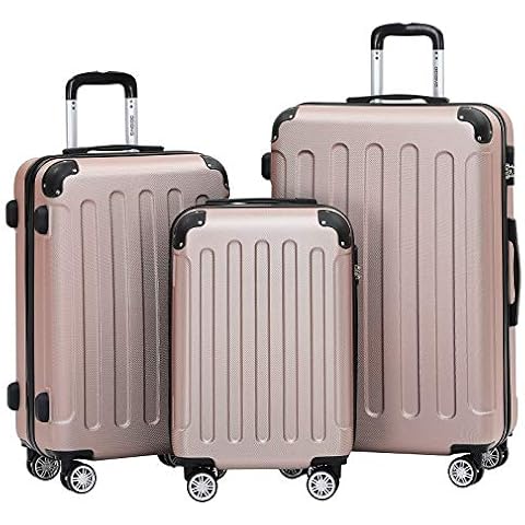 BEIBYE- Hartschalenkoffer Koffer Trolley Rollkoffer Reisekoffer Zahlenschloß 4 Zwilings-Rollen (Rosa-Gold, Koffer-Set) Cover