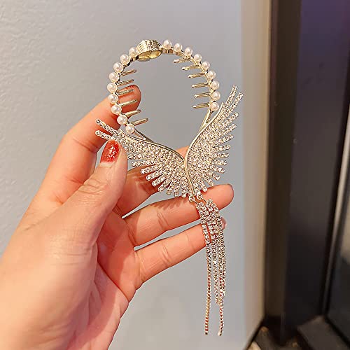 Myhiju Angel Wings Rhinestone Hair Clips,Gold Hair Barrettes Tassel Claw Clips Pearl Hair Styling Accessories Pill Head Hair Accessories High Ponytail Coiled Hair Pins Shiny Hair Accessories For Girls #TOP1
