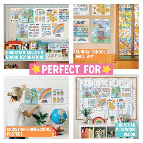 Image of Hadley Designs Sunday School Decorations for Classroom -9 Bible Posters for Kids, Books of the Bible, 10 Commandments, Bible Timeline Chart, Fruits of the Spirit, Pastel Christian Classroom Decor