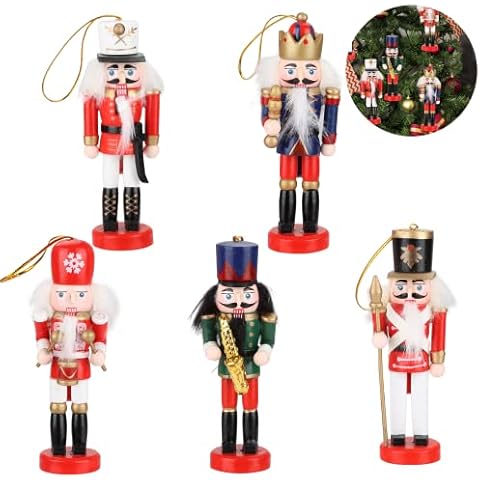 Christmas Decor Nutcrackers 5Pcs Traditional Nutcracker Soldier Wooden Christmas Decorations Puppet Ornaments Figures Christmas Ornaments for Tree Birthday Gift Home Party Decorations 5" Cover