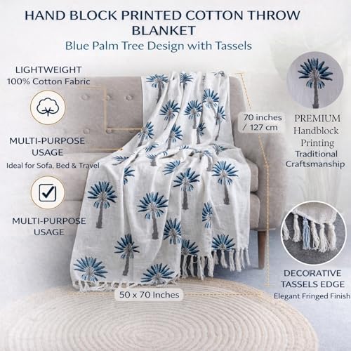Image of Hand Block Printed 100% Cotton Soft Lightweight Sofa Throw with Tassels - Blue Palm Tree Design Decorative Couch Throws for Living Room, Bed & Travel (White, 50x70 Inches)