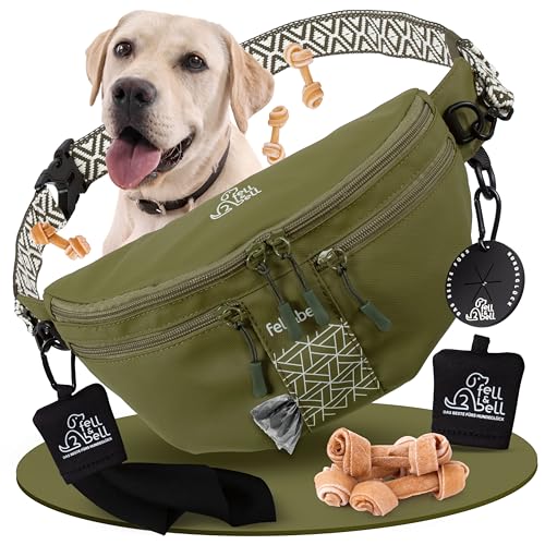 fell&bell Leckerlitasche für Hunde – wasserfester Leckerlibeutel mit 2 Snackfächern, 1,8 L Hauptfach, Handyfach & Kotbeutelspender | Futterbeutel Hundetraining & Hundetasche für Welpen Zubehör