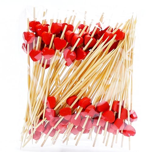 100pcs Red Heart Cocktail Picks 4.7" Long Fruit Sticks Food Toothpicks Sandwich Appetizer Charcuterie Skewers Handmade of Bamboo Wood for Birthday party Valentines Day Decoration Party Supplies