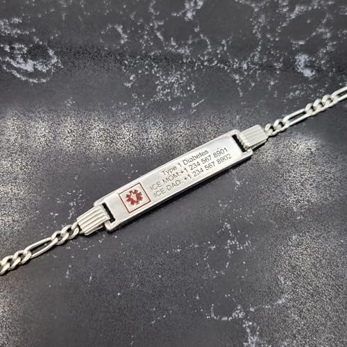 Customizable Ladies 925 Silver Sterling 3mm Figaro Medical ID Alert Bracelet with Free Engraving 1.57 x 0.39 inch Nameplate3