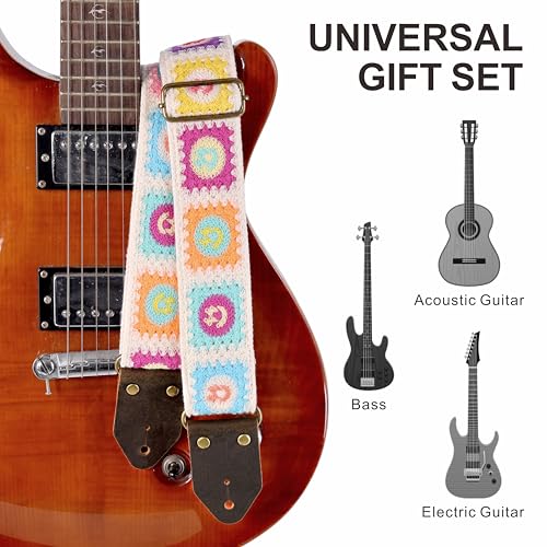 Image of Nefelibata Guitar Strap,Jacquard Embroidery Cotton Guitar Straps with Crazy Horse Leather Ends for Bass, Electric & Acoustic, Best Gifts for Kids, Guitarists(Smiling White Embroidery)