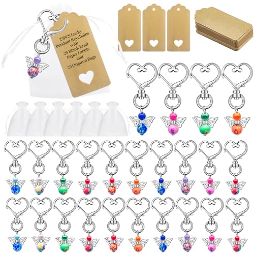 25 PCS Porte Clé Ange Gardien avec Étiquettes Pendentifs en Papier Kraft et Sacs en Organza, Porte Cles Ange Baptême, Porte Clef Communion, Pendentif Ange...