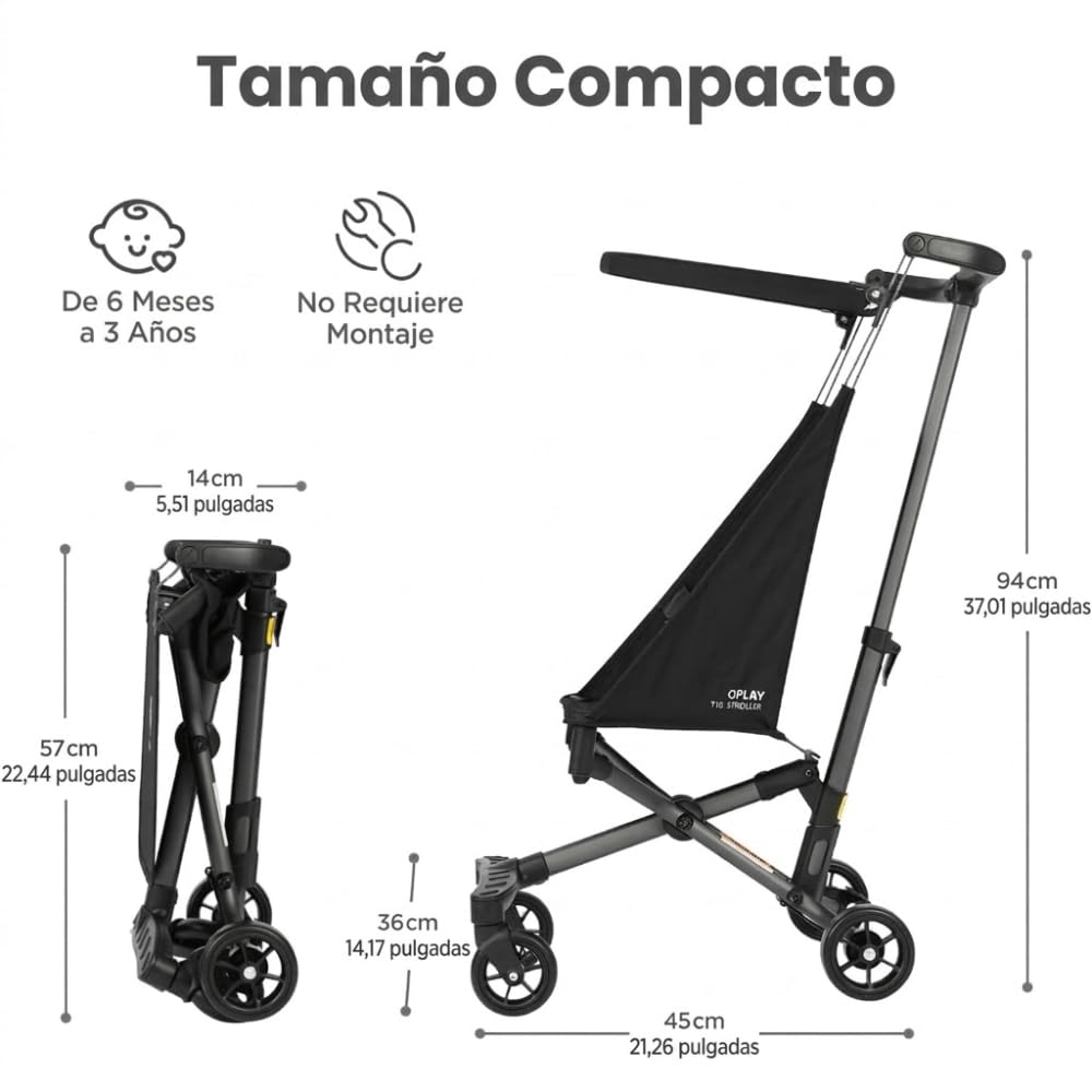 QPlay Silla de Paseo City Ultraligera | Carrito Plegable y Portátil 2.8 kg con Capota, Ruedas con Suspensión, Arnés de 5 Puntos y Marco de Aluminio | Para Niños de 6 a 36 Meses – 78x40.5x91 cm