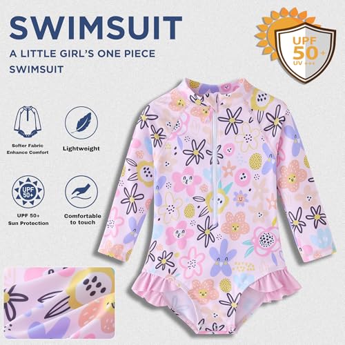 Image of UMELOK Baby Girls One Piece Swimsuit Infant Bathing Suit Long Sleeve Rash Guard Swimwear with UPF 50+ Sun Protection