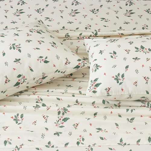 DAUAOTO Christmas Sheets Set California King Cotton Bedding Sets Bedlinen for Cal King Bed Up to 14 Deep Mattress Holly Berries Pattern