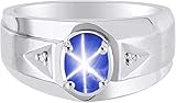 Blue Star Sapphire Men Ring Wedding Engagement Ring Lab Created Star Sapphire Ring Gift for Him (Sterling Silver, 8)