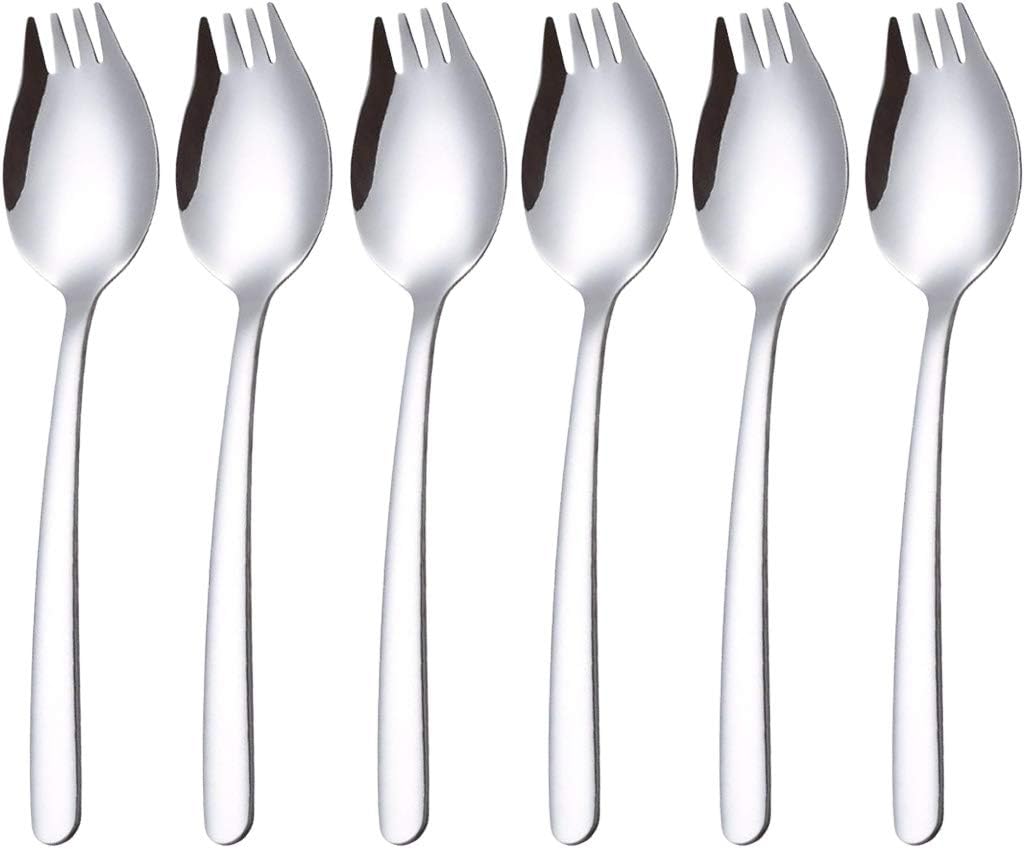AXIAOLU Sporks, 6 Pack 18/10 Stainless Steel Sporks, 7.4-Inch Ice Cream Spoon & Salad Forks, Reusable Fruit Appetizer Dessert Forks for Everyday Use
