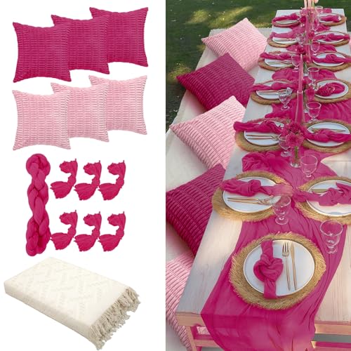 Beeveer 91 x 71 Extra Large Outdoor Boho Picnic Blanket with Girl Colors Table Runner, 6 Throw Pillow Covers 6 Napkins Woven Cotton Yarn Oversize Beach Blanket Washable Picnic Camp Wedding