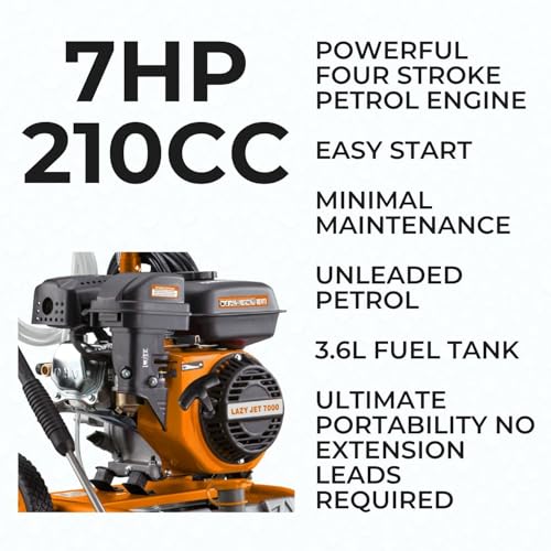 Petrol Pressure Washer - 8M Hose with 4 Spray Nozzles - 3.5L Detergent Tank - 185 Bar, 8L / Min Flow Rate - 7BHP Petrol Engine - Driveway/Patio/Path/Vehicles - Image 3