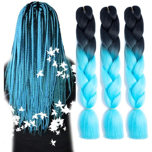 Braiding Hair Ombre Black to Sky Blue Braid Hair Extensions Hot Water Setting High Temperature Synthetic Fiber 24 Inches(B23-3Pack)