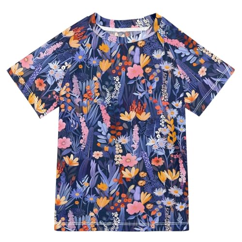 ALAZA Kids Rash Guard Toddler Swim Shirt Boy Girls Floral Garden UPF 50+ Short Sleeve 4T