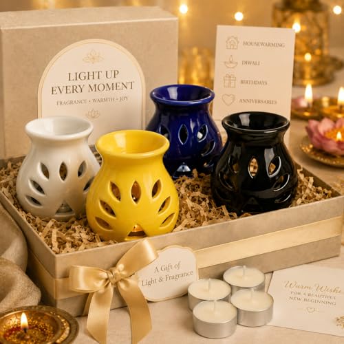 Image of BRAHMZ Ceramic Aroma Diffuser Set of 4 with 4 Tealight Candles | Tea Light Candle Diffuser | Essential Oil Burner for Home Fragrance, Aromatherapy, Living Room & Bedroom
