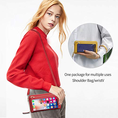 Image of myfriday Touch Screen RFID Phone Crossbody Purse with 2 Straps for Women | Clear phone window, RFID card space, 11 slots and zip pockets support quick calls, errands, theme parks and travel