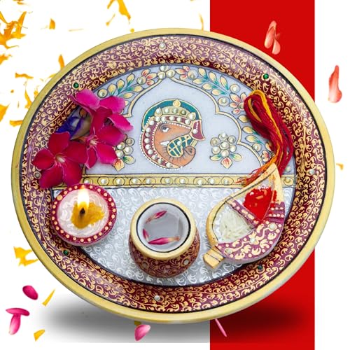 Marble Pooja Thali with Meenakari Work – 6 Inch Decorative Thali, Diya, Roli-Chandan Holder, Kalawa Set for Mandir Aarti, Grih Pravesh, Diwali & Festival Gift (6inch) — photo — 9 of 9