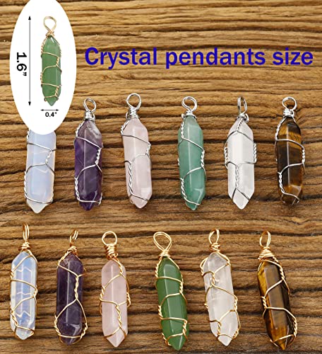 Lezam 24 Pcs Healing Chakra Crystal Pendant Hexagonal Pointed Natural Bullet Shaped Gemstone Wire Wrapped Quartz Stone Charm Pendants For Necklace Jewelry Making (12-12) #TOP2