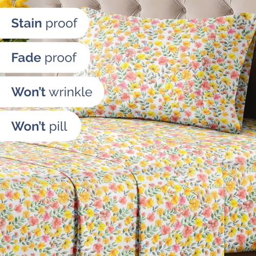 Image of Twin 3 Piece Floral Sheet Set - Breathable & Cooling - Sun Kissed Bloom | 1 Flat, 1 Fitted & 1 Pillowcase w / Deep Pockets, Boho Botanical Floral Bedding, Breathable & Cooling, Wrinkle & Fade Free