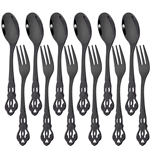 Snplowum 12-Piece Black Stainless Steel Retro Teaspoon And Cake Fruit Forks, Kitchen Silverware for Wedding Party Daily Use Or Restaurant Bar (6 Forks + 6 Spoons)