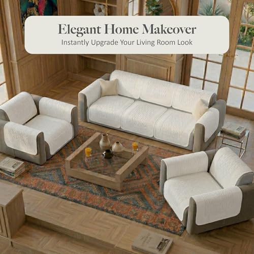 Image of Kuber Industries 5 Seater Sofa with Arm Cover | Slipcover for Living Room | Thick & Cozy | Non-Slip Comfort Sofa Cover Set | Columbia 258003 - Cream