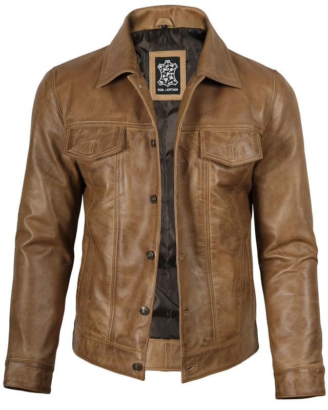 Image of Decrum Disc Men's Leather Jacket with Shirt Collar | [1107373] Camel Frnando, M